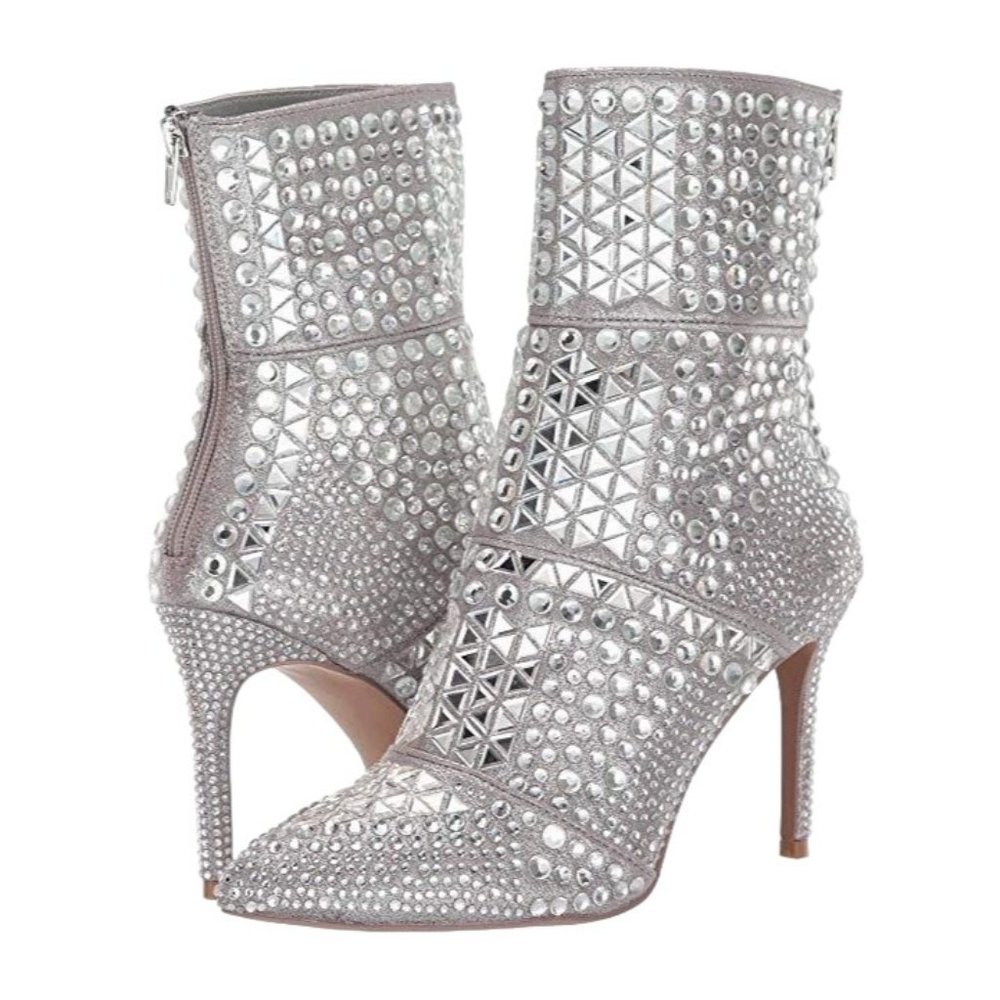 Steve Madden Whole Rhinestone Booties in Silver Stiletto Heel Stud Size 8.5 - Picture 1 of 13